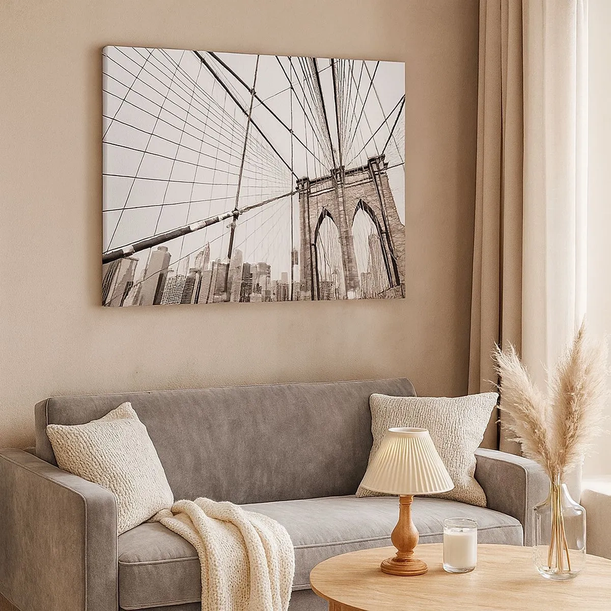 Cuadro sobre lienzo - Impresión de Imagen - El puente de Brooklyn en monocromo - 70x50cm - Catedral de Nueva York - Decoración de pared moderna para salón y dormitorio ARTTOR