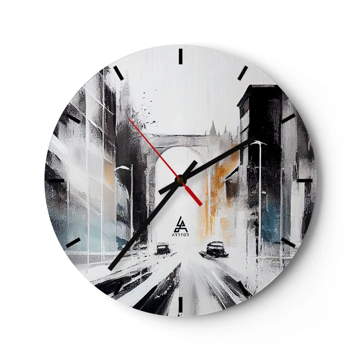 Reloj de pared - Reloj de vidrio - Una visión pictórica de una calle de la ciudad con coches y edificios. - 30x30cm - Estudio de la ciudad: arquitectura y movimiento - Decoración de pared moderna para salón, cocina y dormitorio ARTTOR