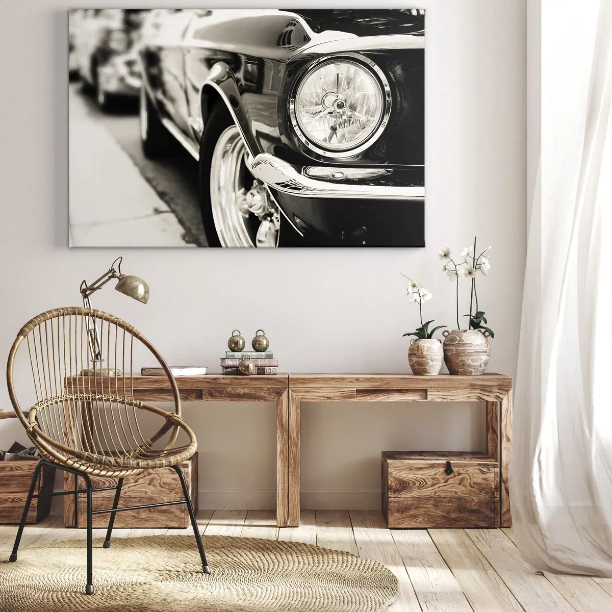 Cuadro sobre lienzo - Impresión de Imagen - Un coche clásico icónico en elegante blanco y negro. - 70x50cm - Brillo perdurable - Decoración de pared moderna para salón y dormitorio ARTTOR