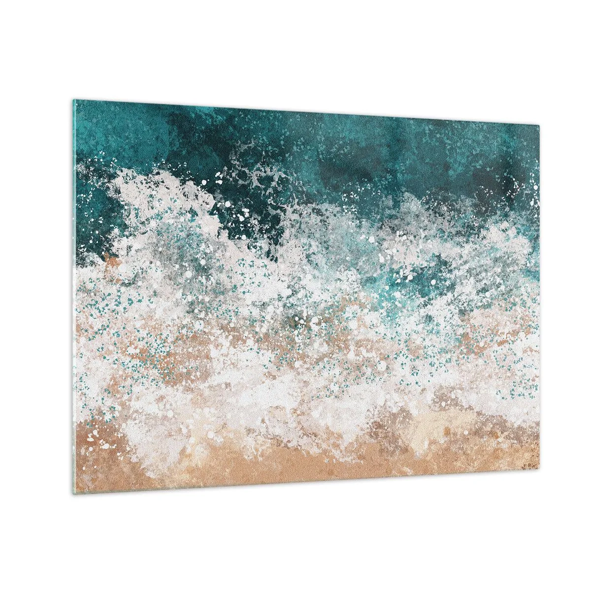 Cuadro sobre vidrio - Impresiones sobre Vidrio - Ola marina abstracta en tonos turquesa, blanco y beige arena. - 70x50cm - Historias del mar - Decoración de pared moderna para salón y dormitorio ARTTOR