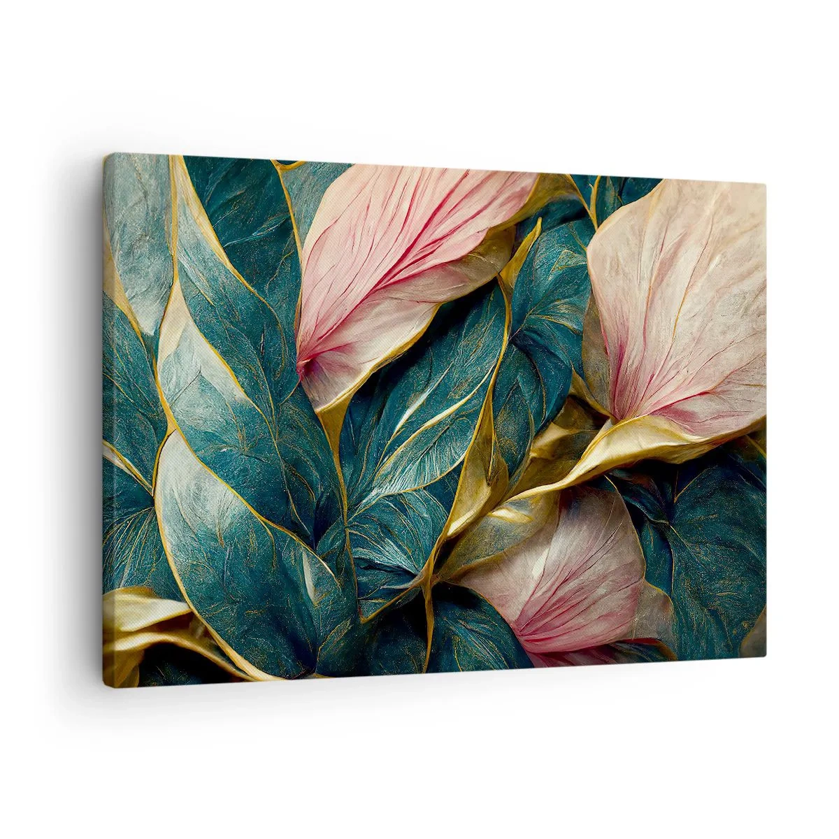 Cuadro sobre lienzo - Impresión de Imagen - Hojas elegantes en verde, dorado y rosa. - 70x50cm - Elegancia y estilo naturales - Decoración de pared moderna para salón y dormitorio ARTTOR