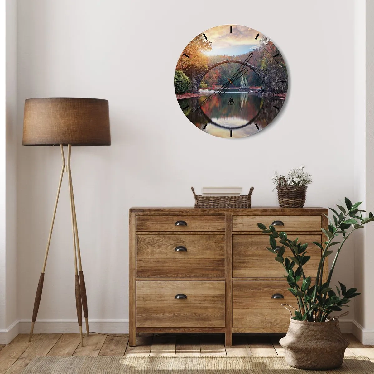 Reloj de pared - Reloj de vidrio - Un puente de arco de piedra que se refleja en el agua crea un círculo. - 30x30cm - Al otro lado del espejo - Decoración de pared moderna para salón, cocina y dormitorio ARTTOR