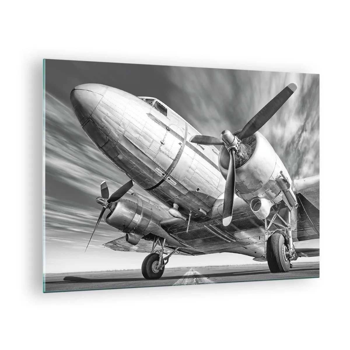 Cuadro sobre vidrio - Impresiones sobre Vidrio - Un avión de hélice en blanco y negro en la pista. - 70x50cm - Siempre listo para volar - Decoración de pared moderna para salón y dormitorio ARTTOR