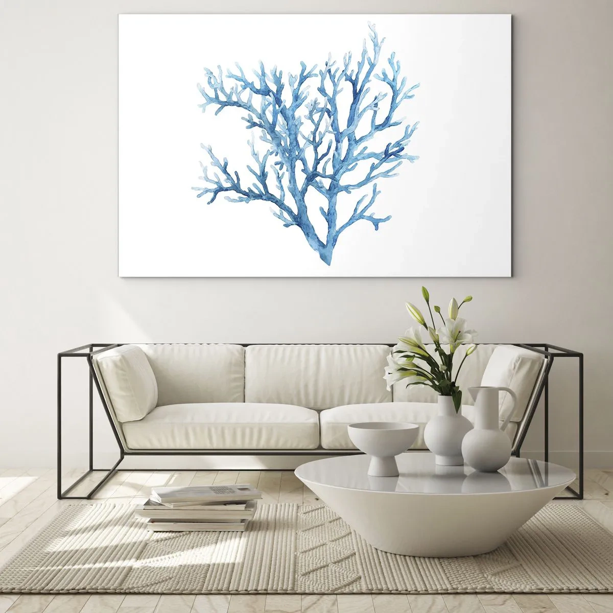 Cuadro sobre vidrio - Impresiones sobre Vidrio - Una delicada acuarela que representa el coral azul. - 70x50cm - Filigrana marina - Decoración de pared moderna para salón y dormitorio ARTTOR