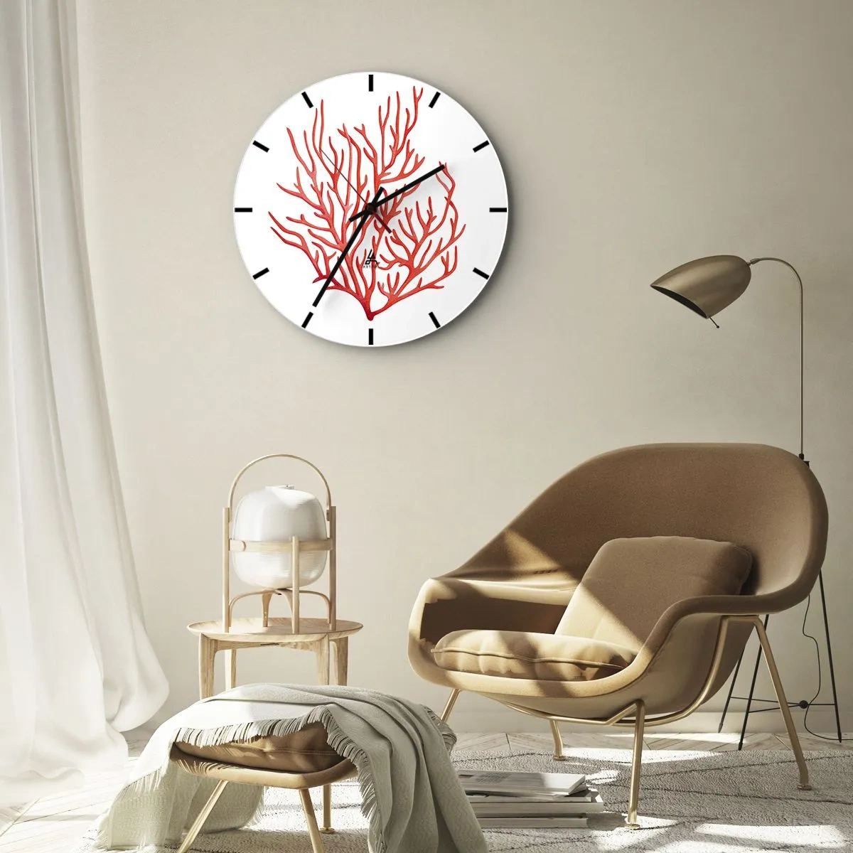 Reloj de pared - Reloj de vidrio - Dibujo rojo de coral sobre fondo blanco. - 30x30cm - Filigrana de coral - Decoración de pared moderna para salón, cocina y dormitorio ARTTOR