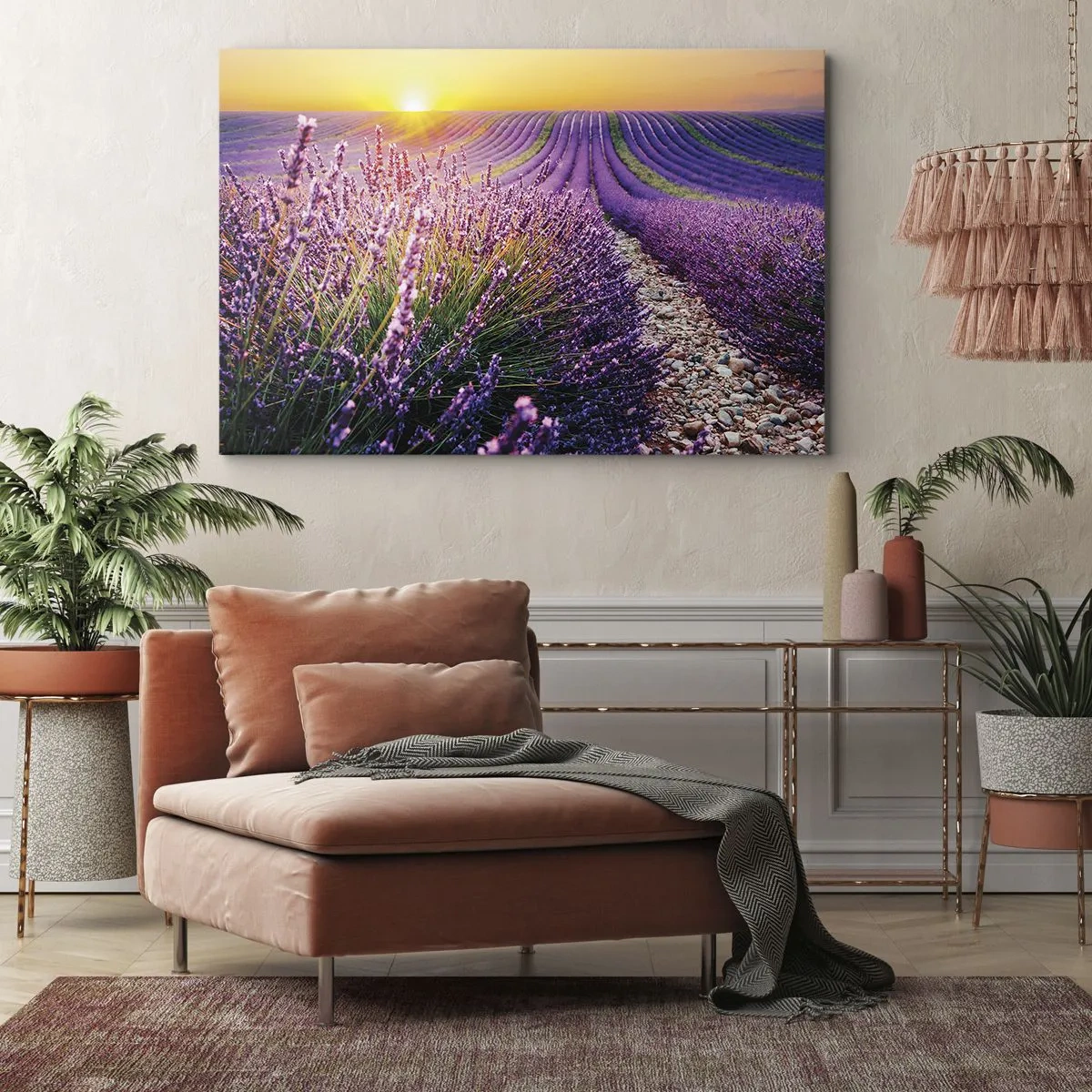 Cuadro sobre lienzo - Impresión de Imagen - Campo de lavanda al atardecer - 70x50cm - Pradera fragante - Decoración de pared moderna para salón y dormitorio ARTTOR