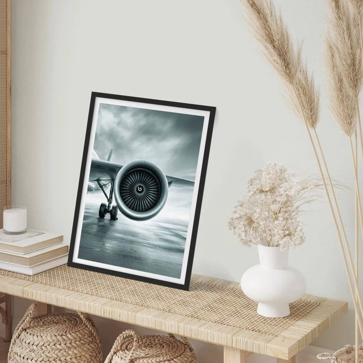 Póster en marco negro - Un motor a reacción de avión en tonos monocromáticos. - 50x70cm - Hay poder - Decoración de pared moderna para salón y dormitorio ARTTOR