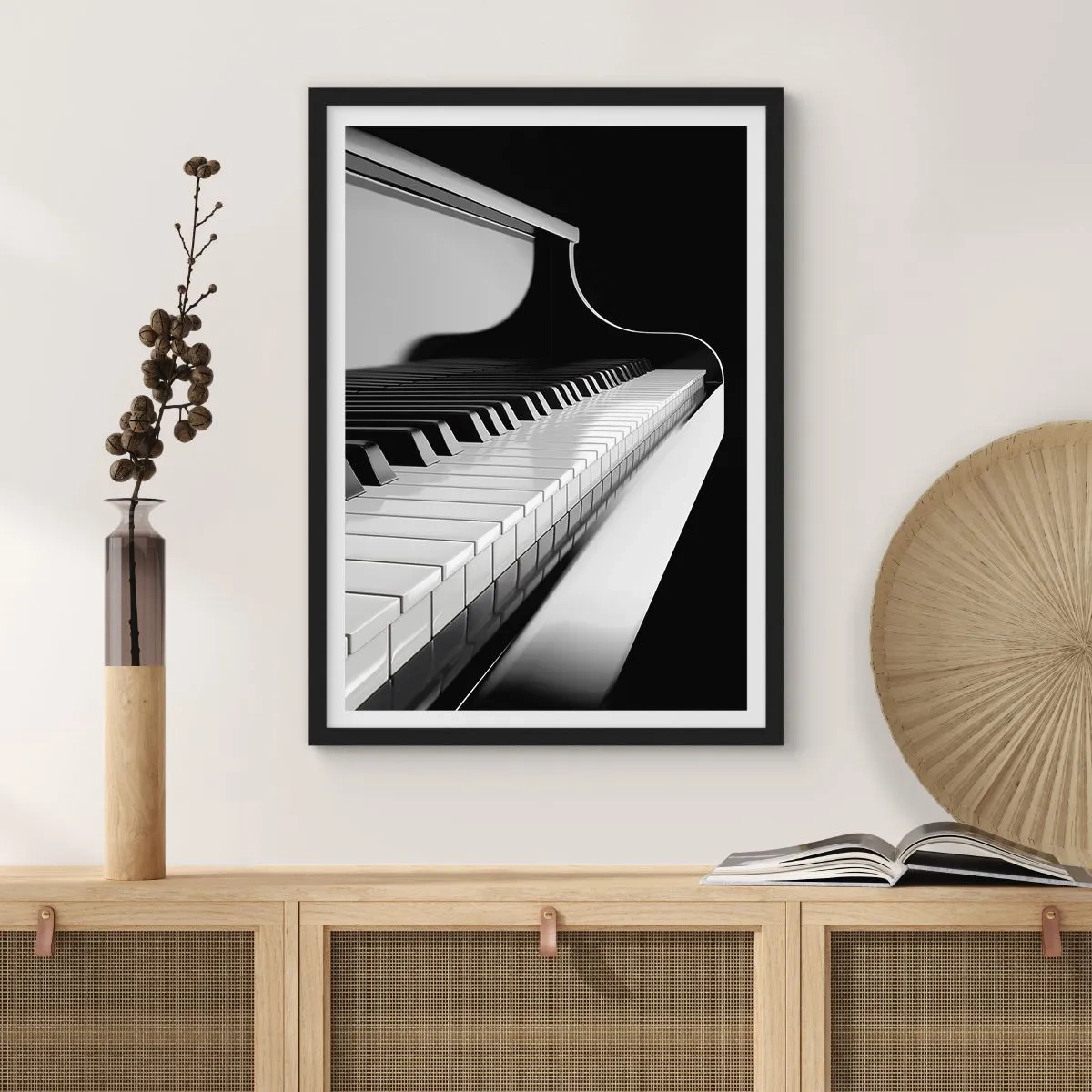 Póster en marco negro - Primer plano en blanco y negro de un teclado de piano - 50x70cm - Armonía musical - Decoración de pared moderna para salón y dormitorio ARTTOR