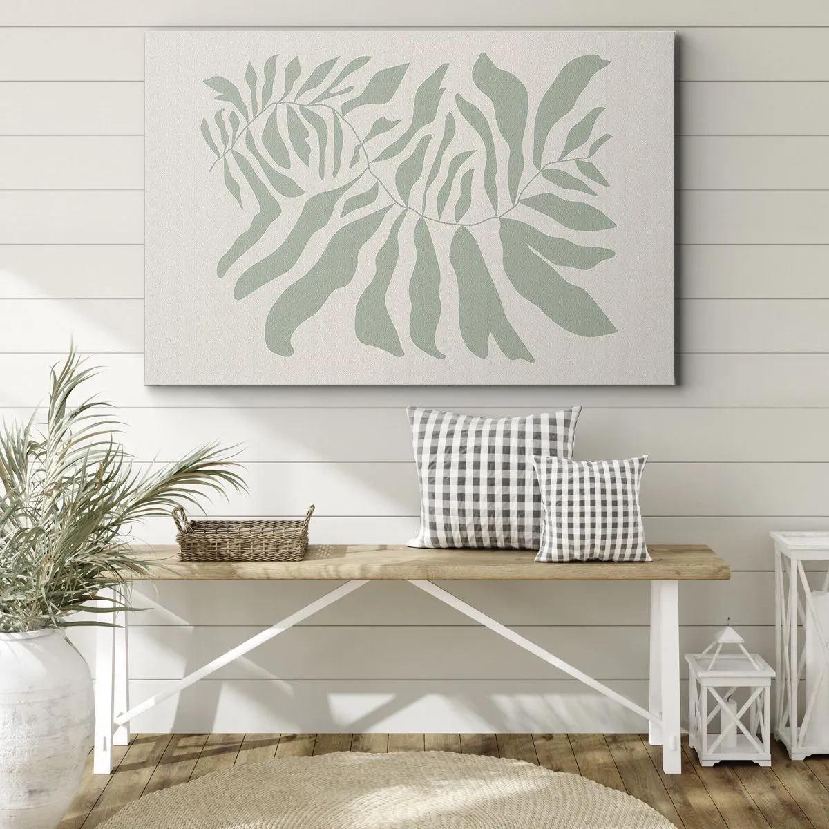 Cuadro sobre lienzo - Impresión de Imagen - Un delicado patrón de ramitas con hojas en un tono verde esmeralda. - 70x50cm - Rama esmeralda - Decoración de pared moderna para salón y dormitorio ARTTOR