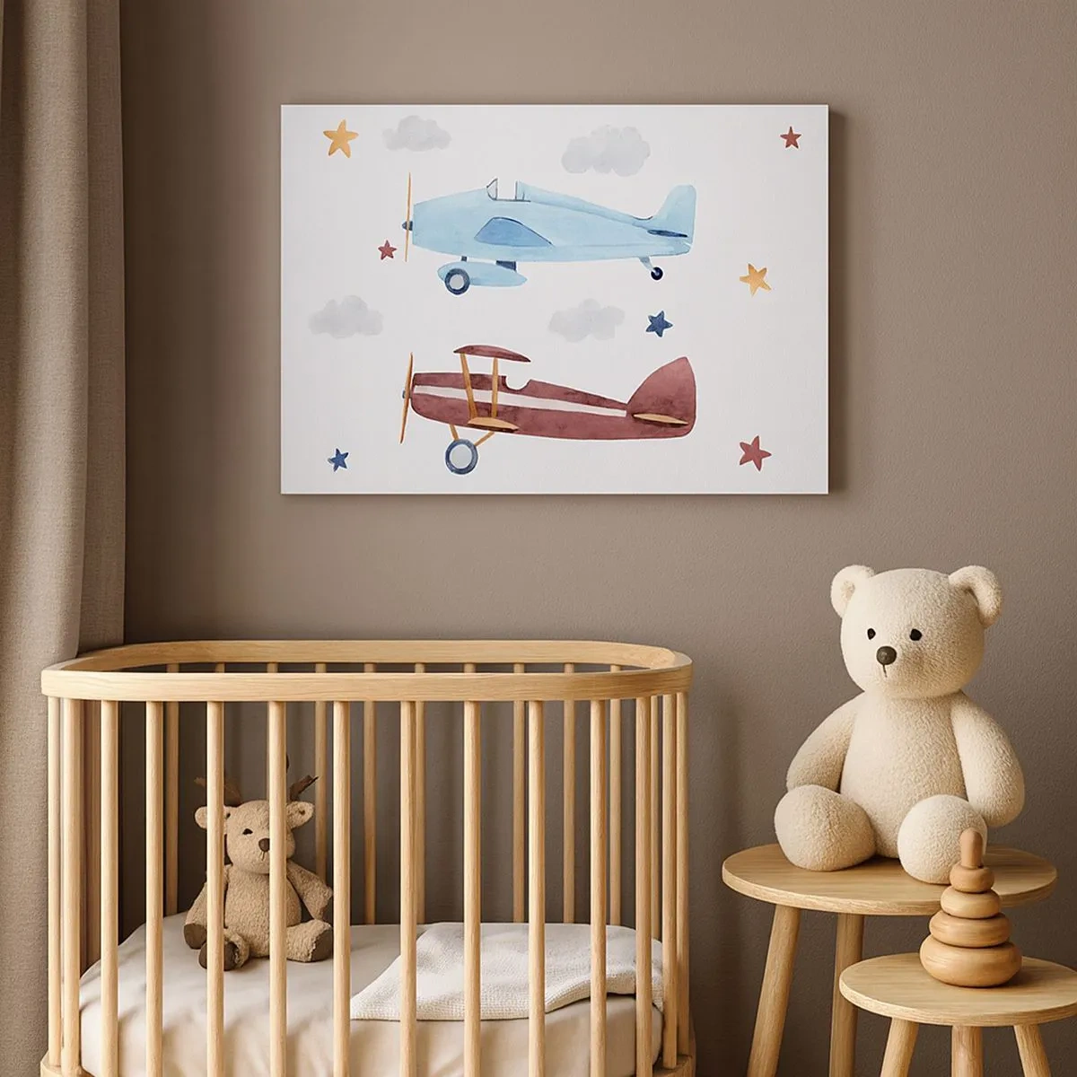 Cuadro sobre lienzo - Impresión de Imagen - Aviones pintados a mano sobre un fondo de nubes y estrellas. - 70x50cm - ¡Piloto, estamos esperando! - Decoración de pared moderna para salón y dormitorio ARTTOR