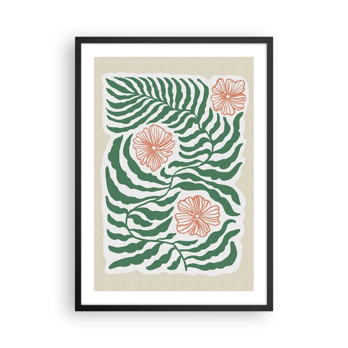 Póster en marco negro - Gráfico abstracto de hojas y flores sobre un fondo beige. - 50x70cm - Florecido en verde - Decoración de pared moderna para salón y dormitorio ARTTOR