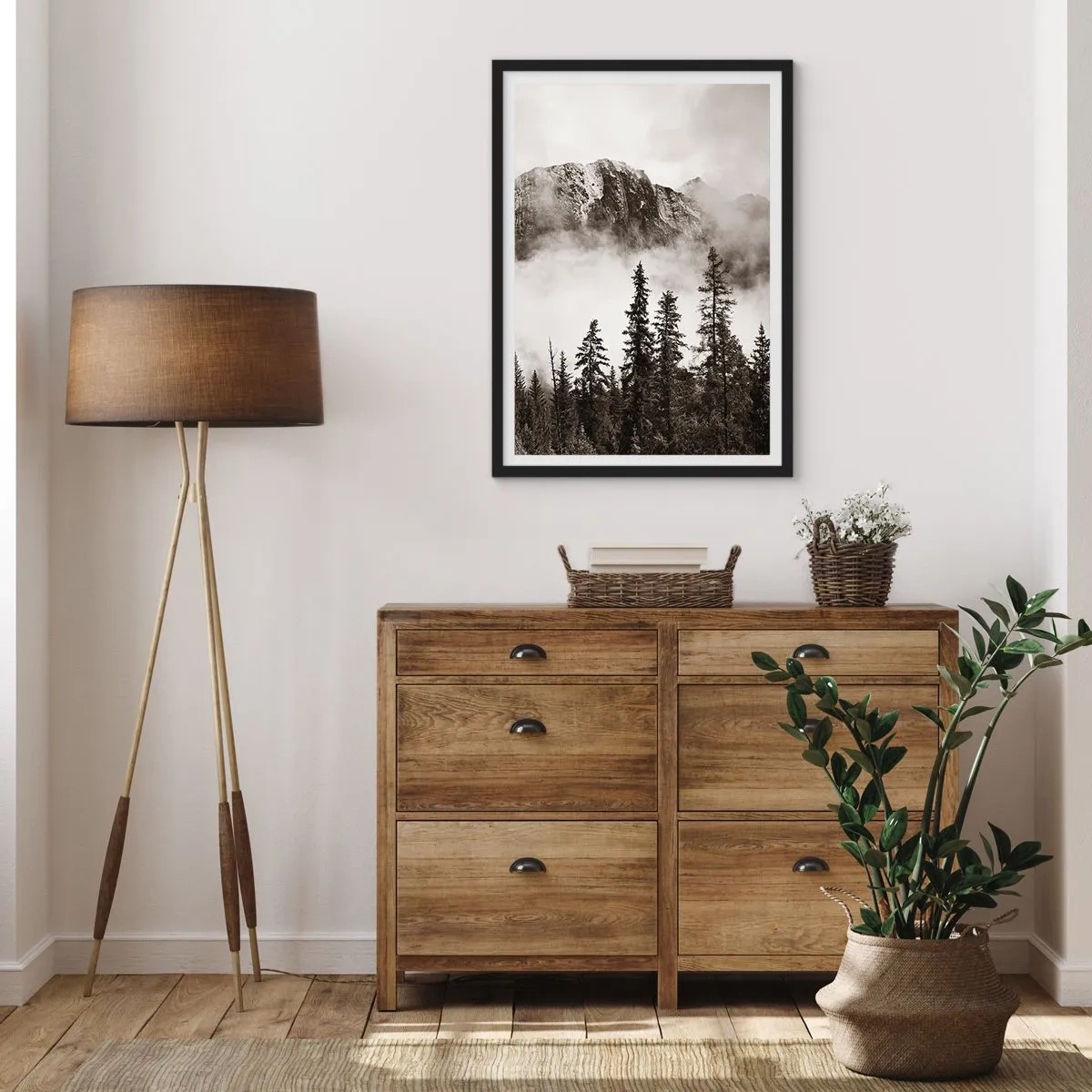 Póster en marco negro - Paisaje de montaña con árboles y niebla. - 50x70cm - Gobernante de granito - Decoración de pared moderna para salón y dormitorio ARTTOR