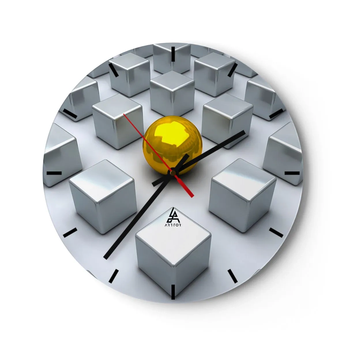 Reloj de pared - Reloj de vidrio - Una bola dorada entre cubos de plata. - 30x30cm - ¿Por qué yo? Composición geométrica - Decoración de pared moderna para salón, cocina y dormitorio ARTTOR