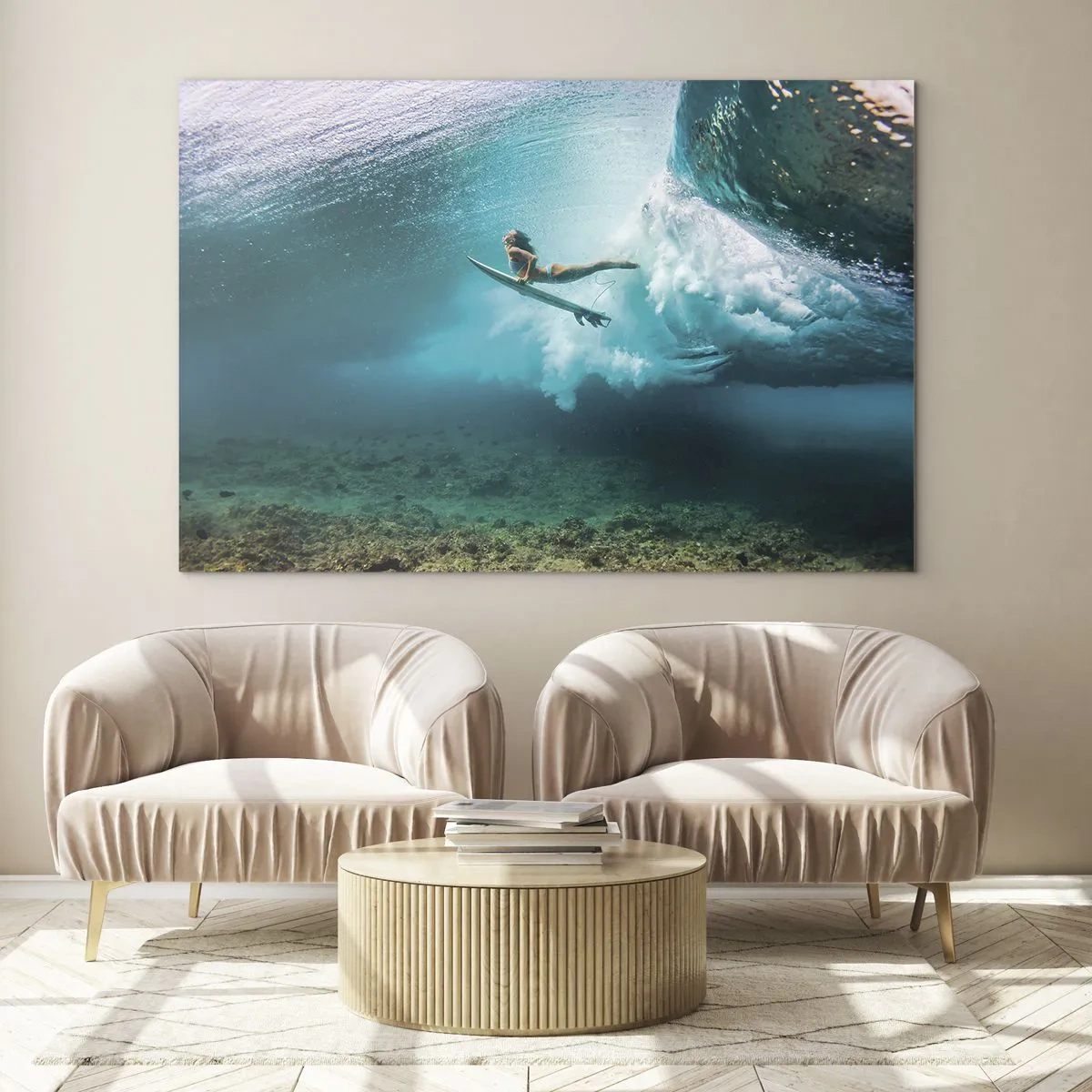 Cuadro sobre vidrio - Impresiones sobre Vidrio - Surfista bajo el agua entre las olas con una tabla de surf - 70x50cm - Mundo submarino - Decoración de pared moderna para salón y dormitorio ARTTOR
