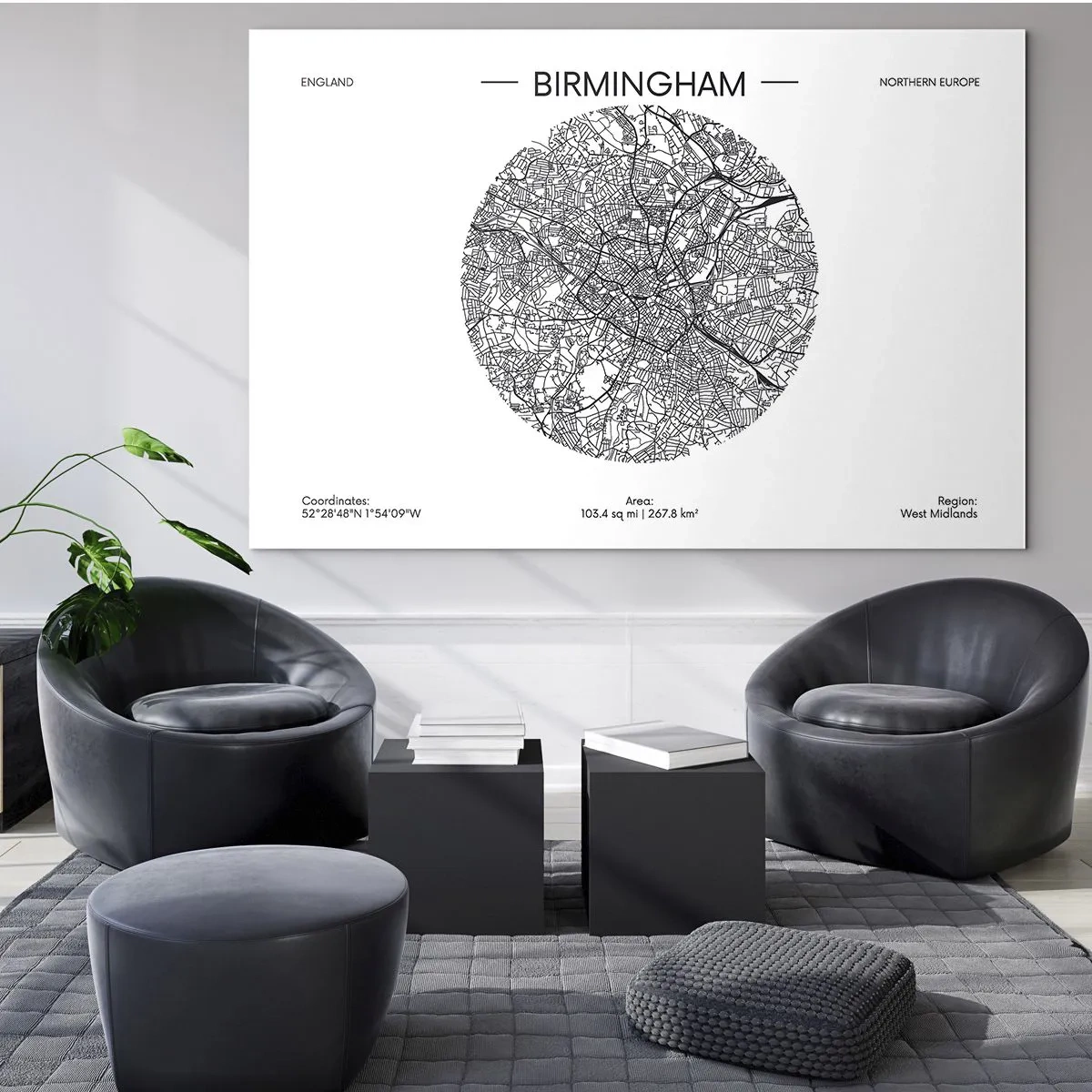 Cuadro sobre vidrio - Impresiones sobre Vidrio - Mapa en blanco y negro de Birmingham en un estilo gráfico moderno - 70x50cm - Anatomía de Birmingham - Decoración de pared moderna para salón y dormitorio ARTTOR