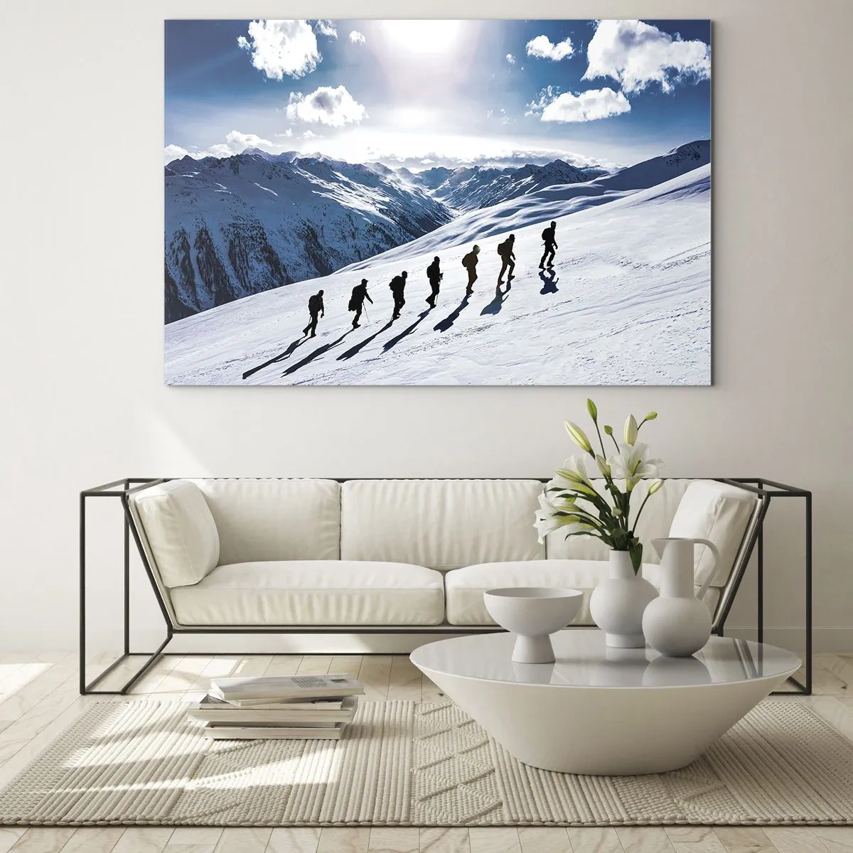 Cuadro sobre vidrio - Impresiones sobre Vidrio - Grupo escalando una ladera nevada en las montañas - 70x50cm - Equipo de conquistadores - Decoración de pared moderna para salón y dormitorio ARTTOR
