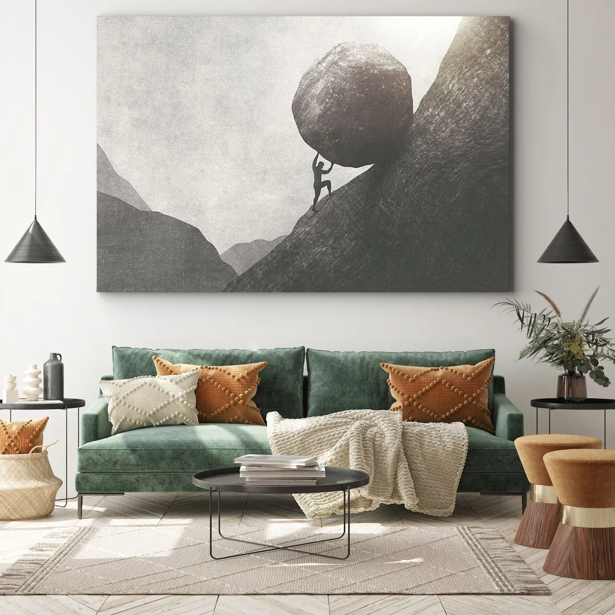 Cuadro sobre lienzo - Impresión de Imagen - Un hombre trepando una enorme roca por una colina. - 70x50cm - Creo, contra toda esperanza - Decoración de pared moderna para salón y dormitorio ARTTOR