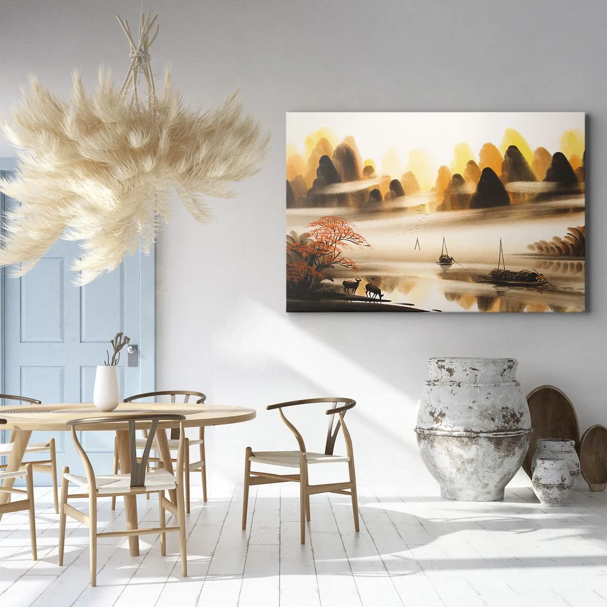 Cuadro sobre lienzo - Impresión de Imagen - Un paisaje oriental con un río, montañas y una suave niebla. - 70x50cm - Más allá del Lejano Oriente - Decoración de pared moderna para salón y dormitorio ARTTOR