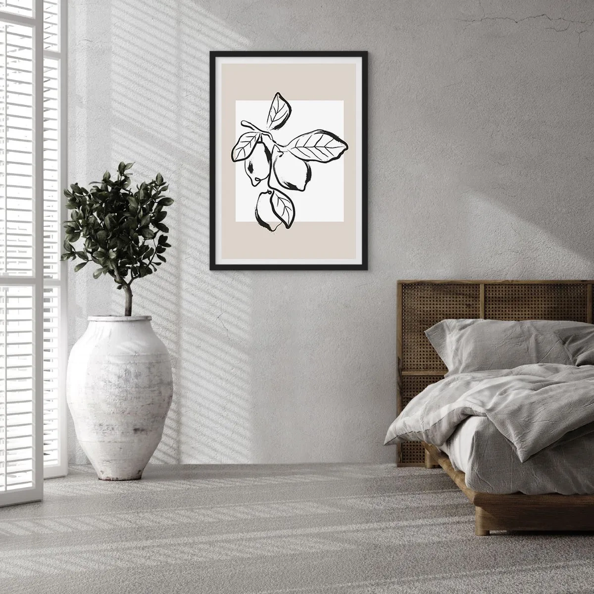 Póster en marco negro - Una ilustración minimalista de una rama de limón en estilo blanco y negro. - 50x70cm - Donde el limón madura... - Decoración de pared moderna para salón y dormitorio ARTTOR