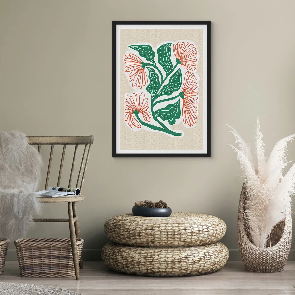 Póster en marco negro - Motivo abstracto de flores y hojas sobre un fondo beige - 50x70cm - Folclórico y moderno - Decoración de pared moderna para salón y dormitorio ARTTOR