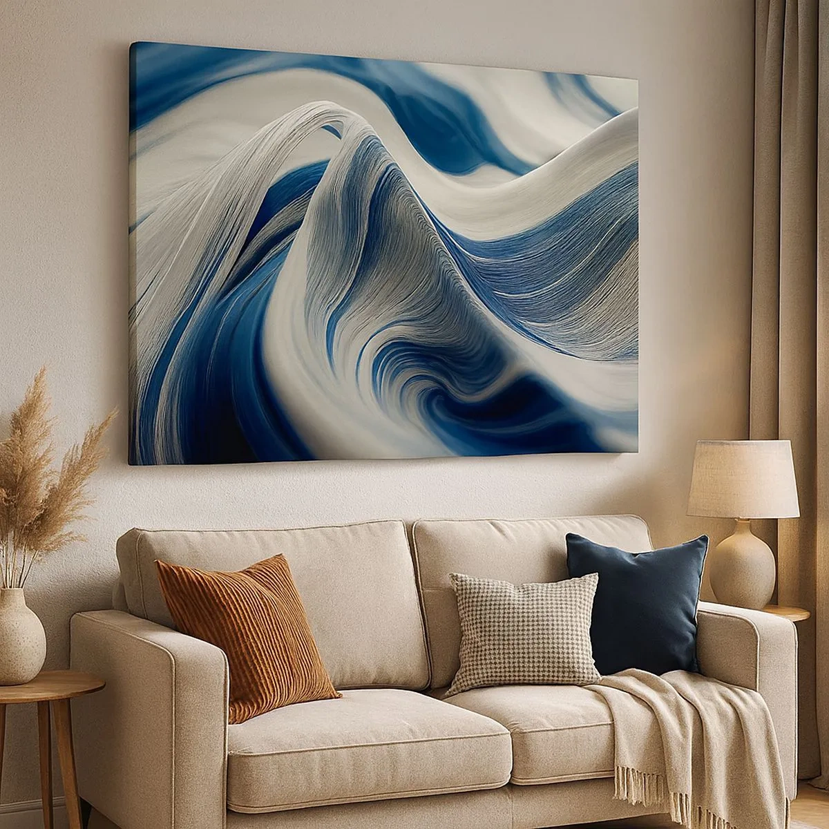 Cuadro sobre lienzo - Impresión de Imagen - Ondas abstractas en tonos azules y blancos - 70x50cm - Fluidez de azul y blanco - Decoración de pared moderna para salón y dormitorio ARTTOR