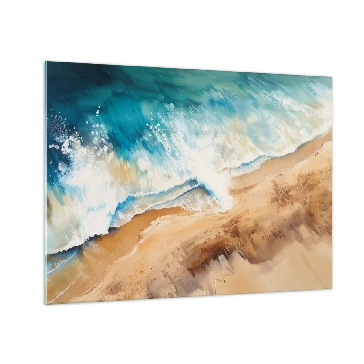 Cuadro sobre vidrio - Impresiones sobre Vidrio - Una vista de pájaro de una ola de mar azul rompiendo contra una orilla arenosa. - 70x50cm - Olas recurrentes - Decoración de pared moderna para salón y dormitorio ARTTOR