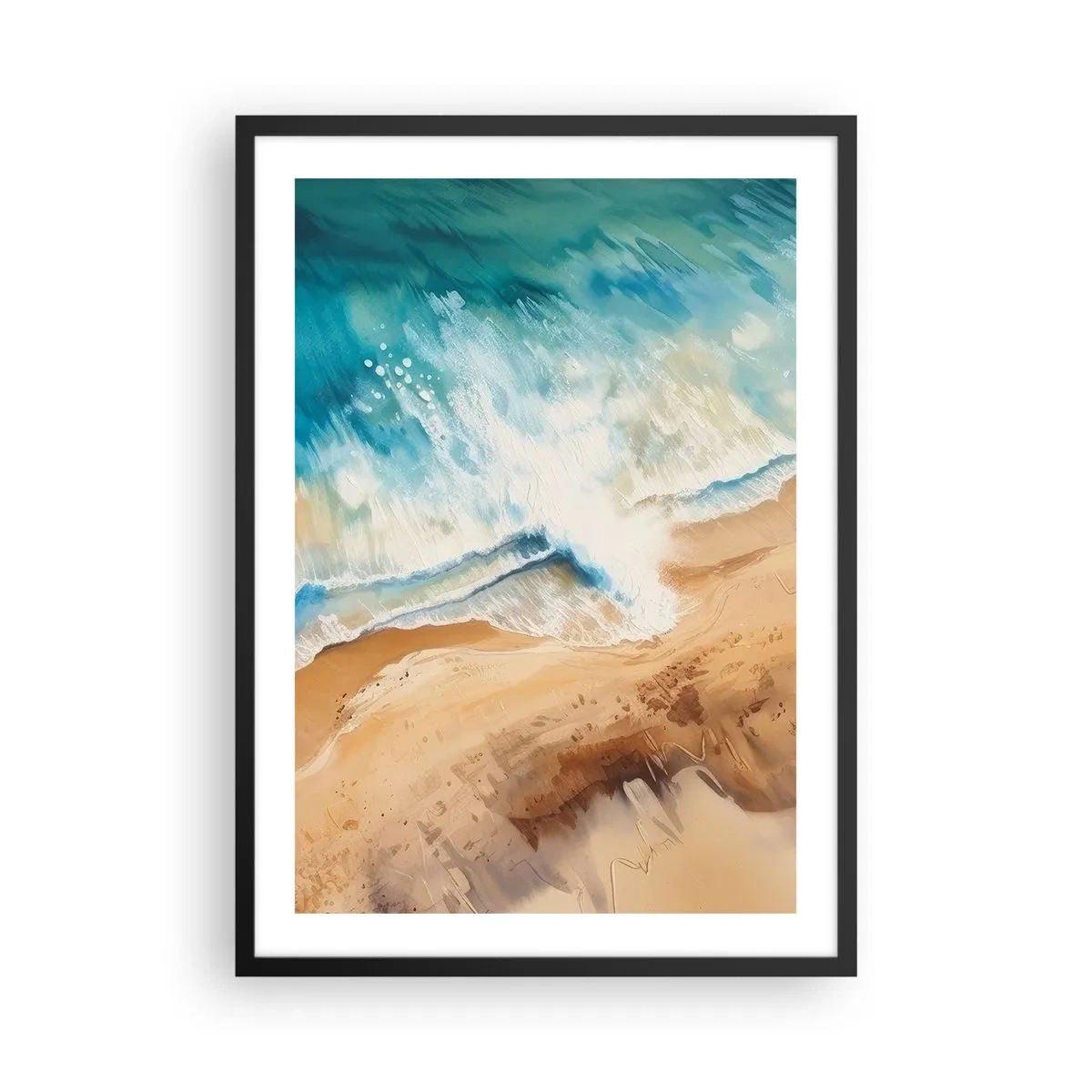 Póster en marco negro - Una escena abstracta de una ola rompiendo en la orilla en tonos turquesa y arena. - 50x70cm - Olas recurrentes - Decoración de pared moderna para salón y dormitorio ARTTOR