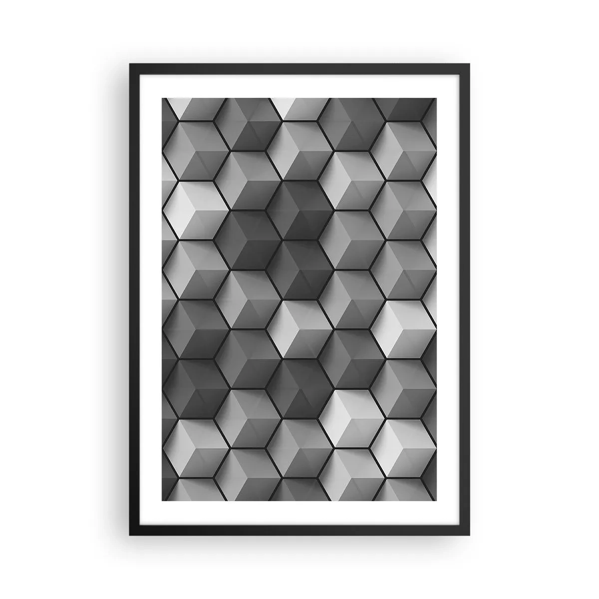 Póster en marco negro - Composición en blanco y negro de cubos geométricos 3D - 50x70cm - Rompecabezas cubista - Decoración de pared moderna para salón y dormitorio ARTTOR