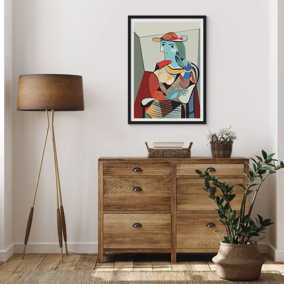 Póster en marco negro - Retrato cubista de una mujer con sombrero. - 50x70cm - A través de los ojos de Picasso - Decoración de pared moderna para salón y dormitorio ARTTOR
