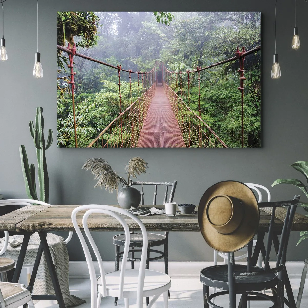 Cuadro sobre lienzo - Impresión de Imagen - Un puente colgante en una selva tropical rodeado de niebla. - 70x50cm - Suspendido sobre las copas - Decoración de pared moderna para salón y dormitorio ARTTOR