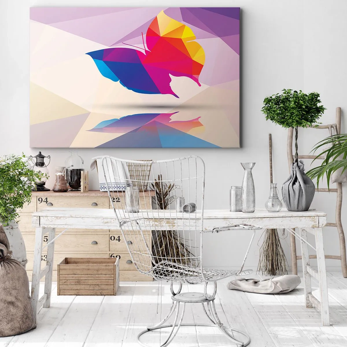 Cuadro sobre lienzo - Impresión de Imagen - Silueta de mariposa geométrica en colores vibrantes. - 70x50cm - Arco iris de mariposa - Decoración de pared moderna para salón y dormitorio ARTTOR
