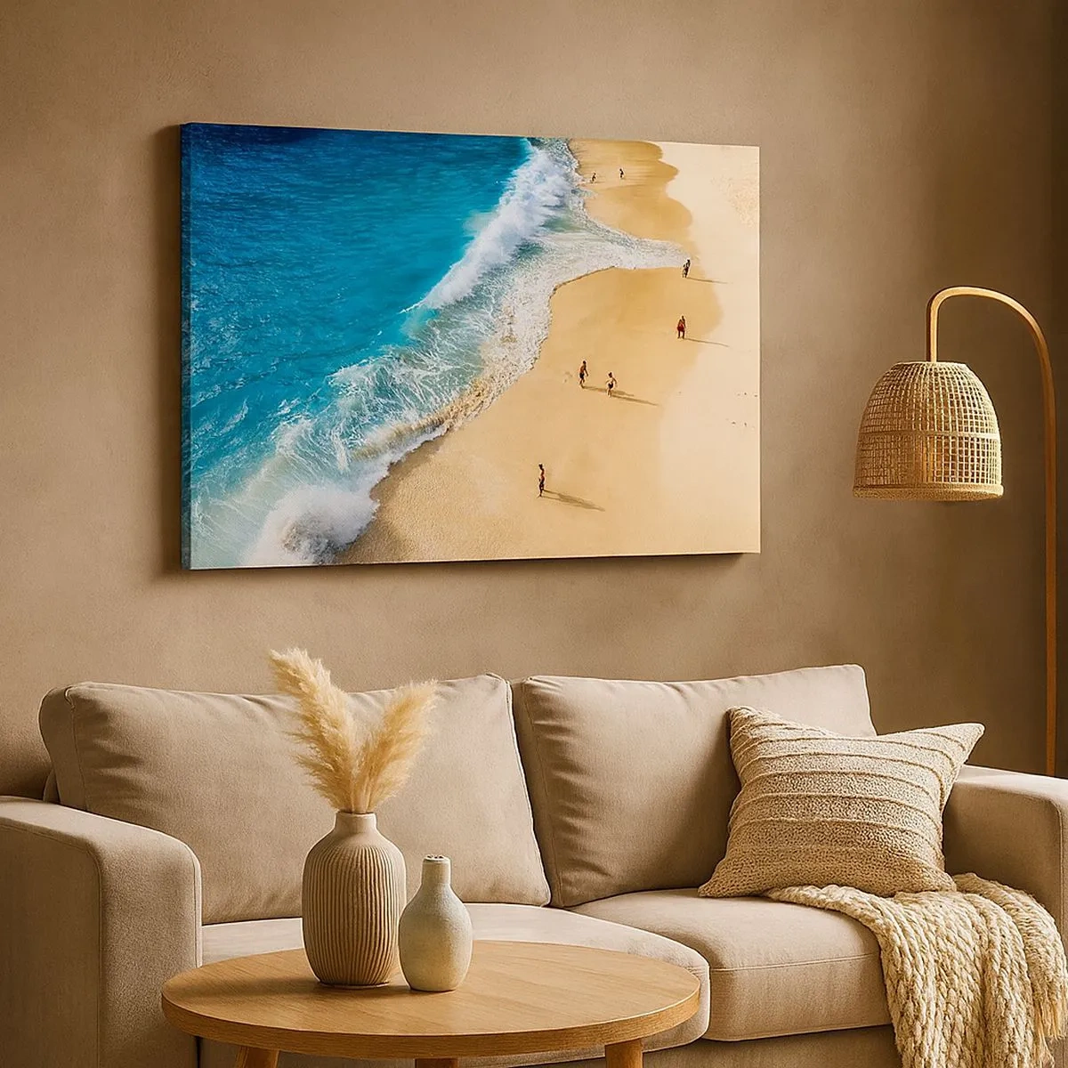 Cuadro sobre lienzo - Impresión de Imagen - Una playa con agua turquesa y gente paseando. - 70x50cm - Y luego el sol, la playa... - Decoración de pared moderna para salón y dormitorio ARTTOR