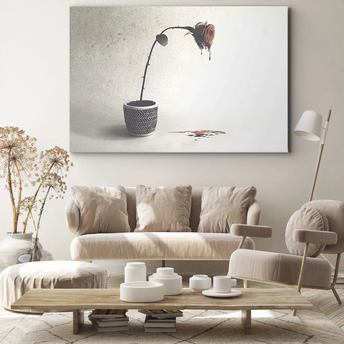 Cuadro sobre lienzo - Impresión de Imagen - Una rosa roja en una maceta con gotas de tinte sobre un fondo blanco. - 70x50cm - Rosa dolorosa - Decoración de pared moderna para salón y dormitorio ARTTOR