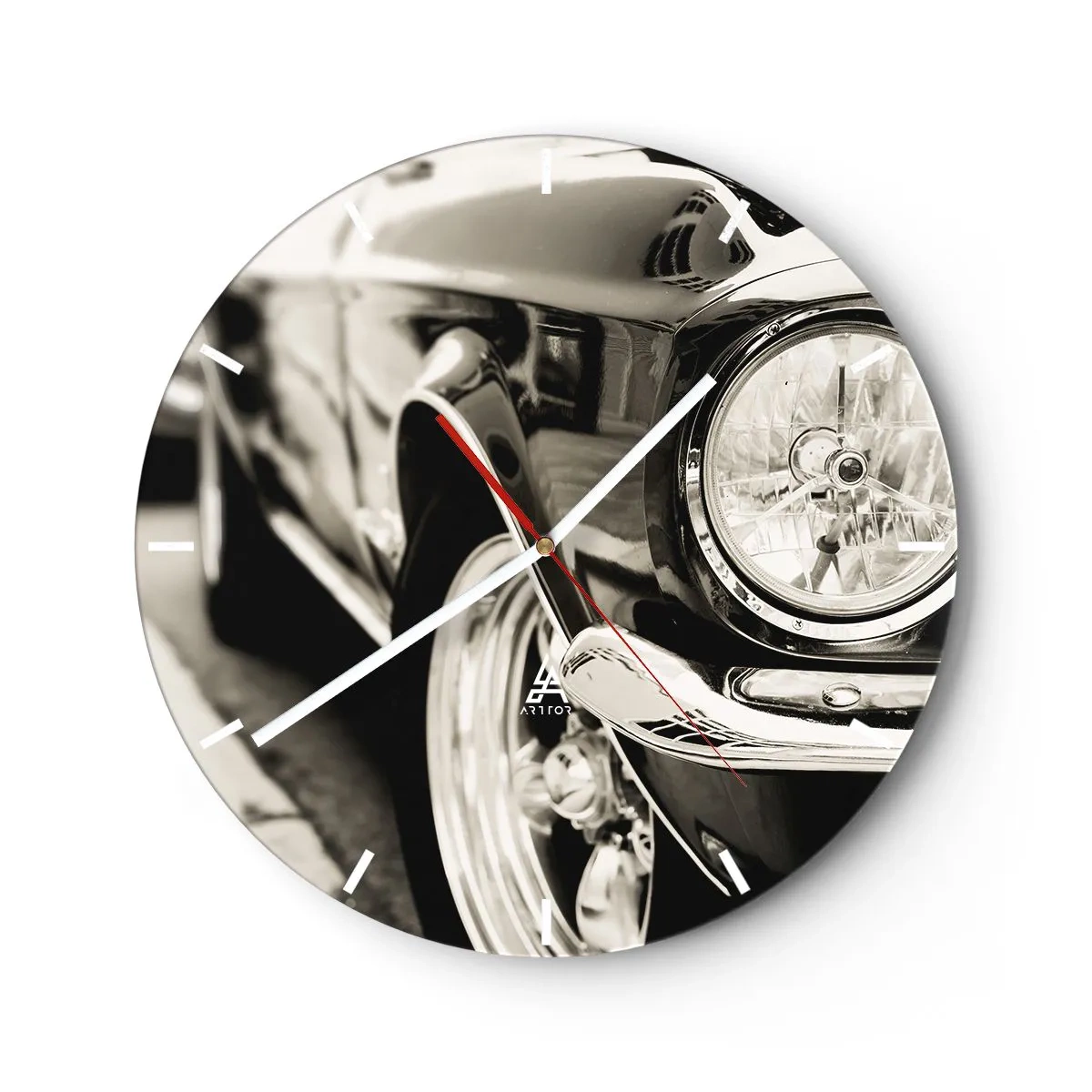 Reloj de pared - Reloj de vidrio - Primer plano del faro de un coche clásico - 30x30cm - Brillo perdurable - Decoración de pared moderna para salón, cocina y dormitorio ARTTOR
