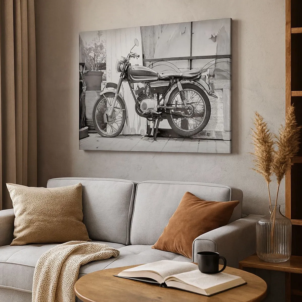 Cuadro sobre lienzo - Impresión de Imagen - Fotografía en blanco y negro de una motocicleta clásica. - 70x50cm - Los clásicos por encima de todo - Decoración de pared moderna para salón y dormitorio ARTTOR