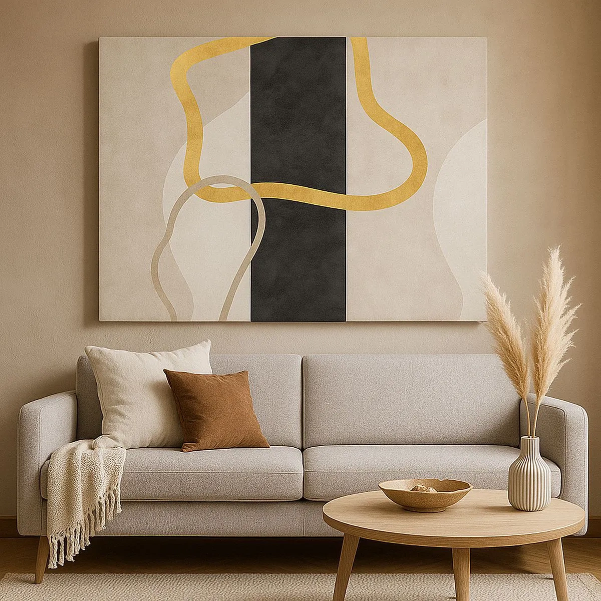 Cuadro sobre lienzo - Impresión de Imagen - Un diseño minimalista con formas en bucle en dorado y negro. - 70x50cm - Formas en bucle - Decoración de pared moderna para salón y dormitorio ARTTOR