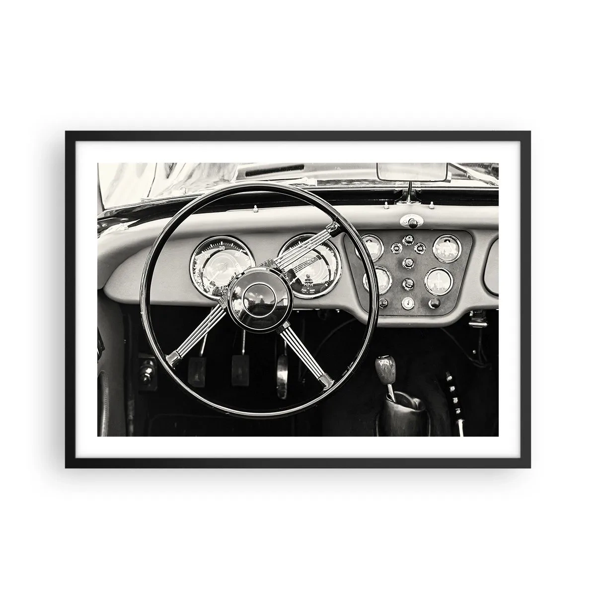 Póster en marco negro - Interior de coche clásico en blanco y negro - 70x50cm - El sueño de un coleccionista - Decoración de pared moderna para salón y dormitorio ARTTOR