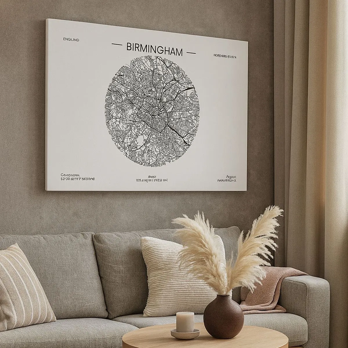 Cuadro sobre lienzo - Impresión de Imagen - Un mapa minimalista en blanco y negro de Birmingham con detalles precisos. - 70x50cm - Anatomía de Birmingham - Decoración de pared moderna para salón y dormitorio ARTTOR