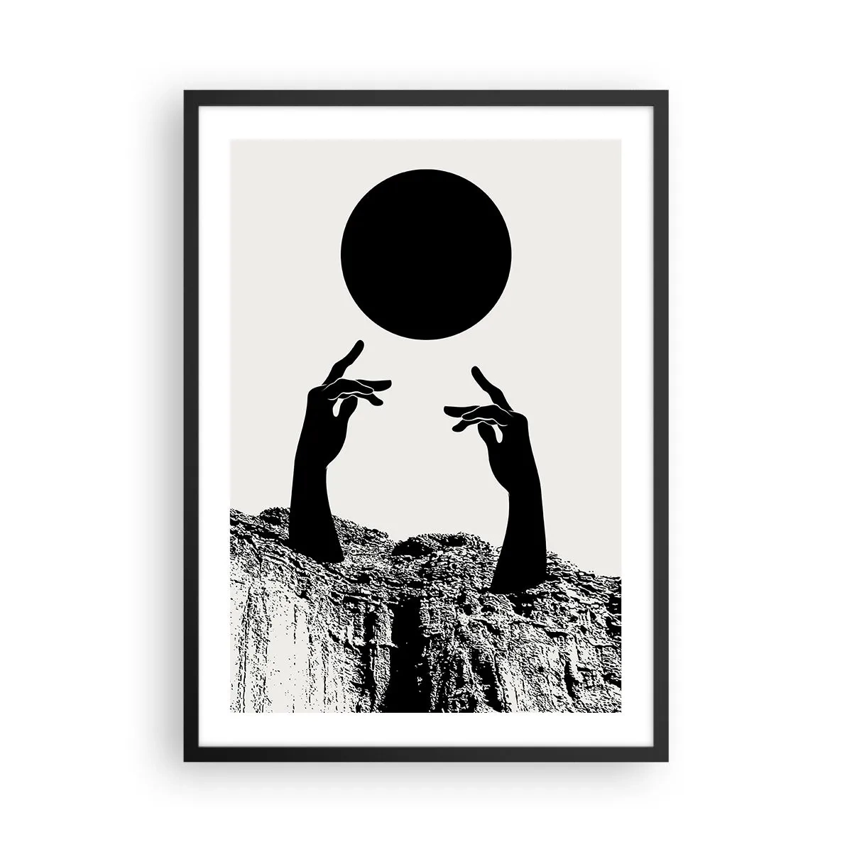 Póster en marco negro - Manos simbólicas que alcanzan una pelota negra sobre un fondo de rocas. - 50x70cm - Composición surrealista: el sol y el resto - Decoración de pared moderna para salón y dormitorio ARTTOR