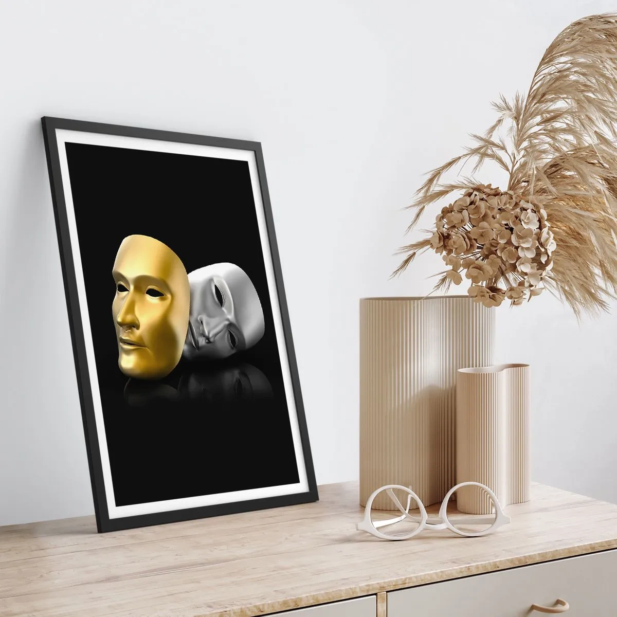 Póster en marco negro - Máscara de oro y plata sobre fondo negro. - 50x70cm - La vida es un teatro - Decoración de pared moderna para salón y dormitorio ARTTOR