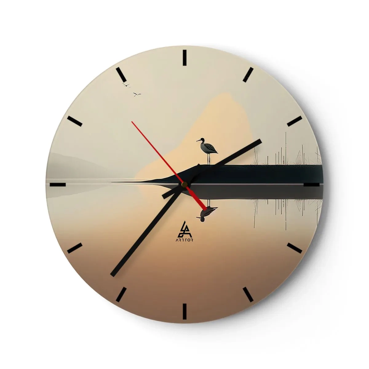 Reloj de pared - Reloj de vidrio - Silueta de un pájaro sobre una roca sobre un lago tranquilo al amanecer - 30x30cm - Un caballero en el lago - Decoración de pared moderna para salón, cocina y dormitorio ARTTOR