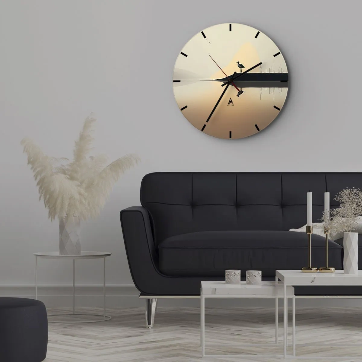 Reloj de pared - Reloj de vidrio - Silueta de un pájaro sobre una roca sobre un lago tranquilo al amanecer - 30x30cm - Un caballero en el lago - Decoración de pared moderna para salón, cocina y dormitorio ARTTOR