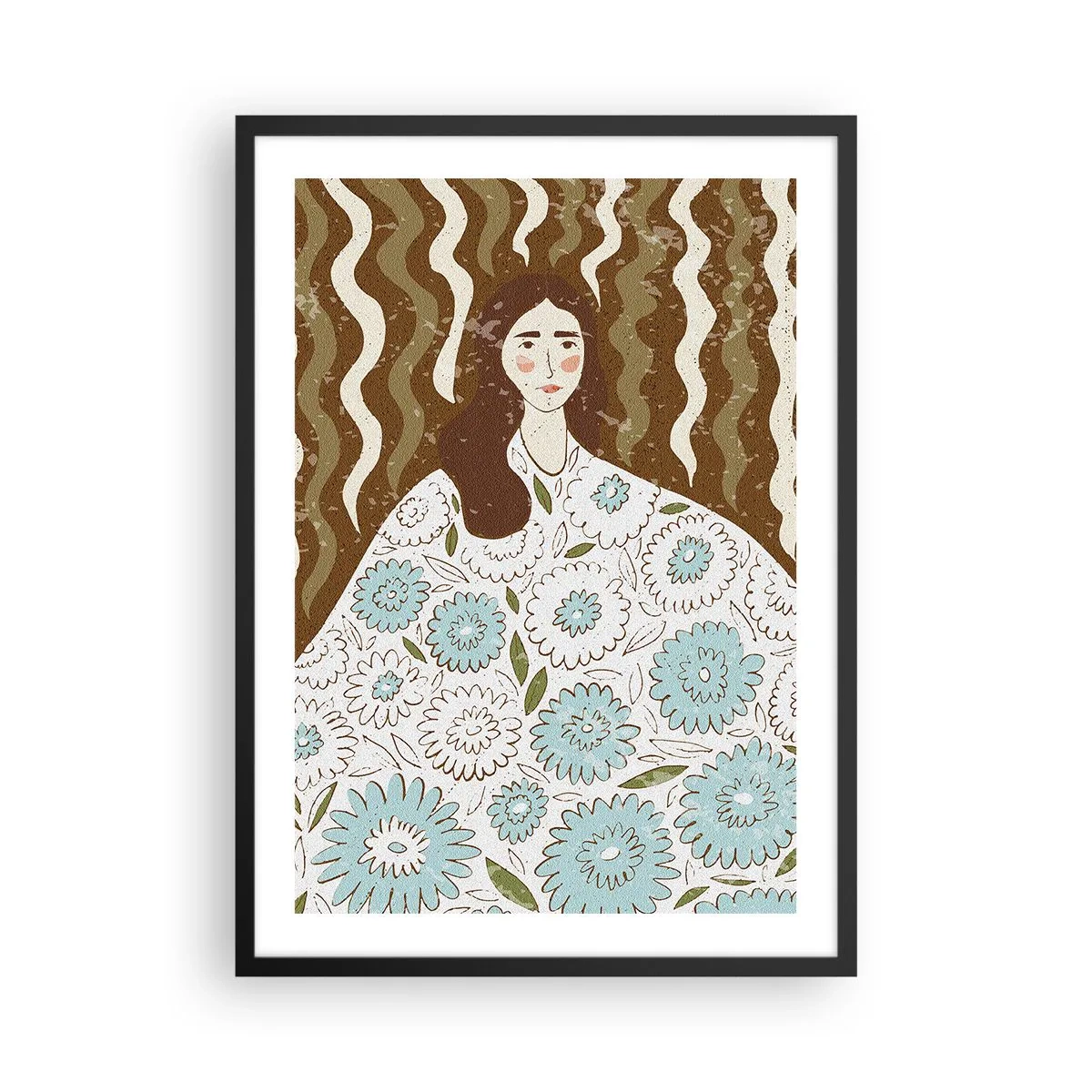 Póster en marco negro - Retrato estilizado de una mujer con un vestido floral sobre un fondo de patrones ondulados. - 50x70cm - Retrato con túnica de flores - Decoración de pared moderna para salón y dormitorio ARTTOR