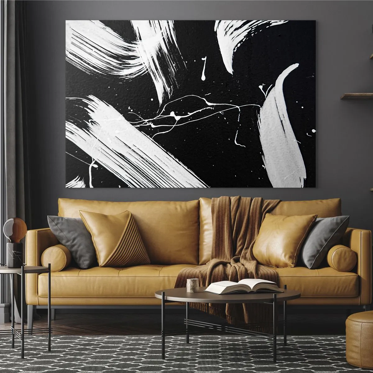 Cuadro sobre vidrio - Impresiones sobre Vidrio - Pinceladas blancas sobre fondo negro - 70x50cm - Rompiendo la oscuridad - Decoración de pared moderna para salón y dormitorio ARTTOR