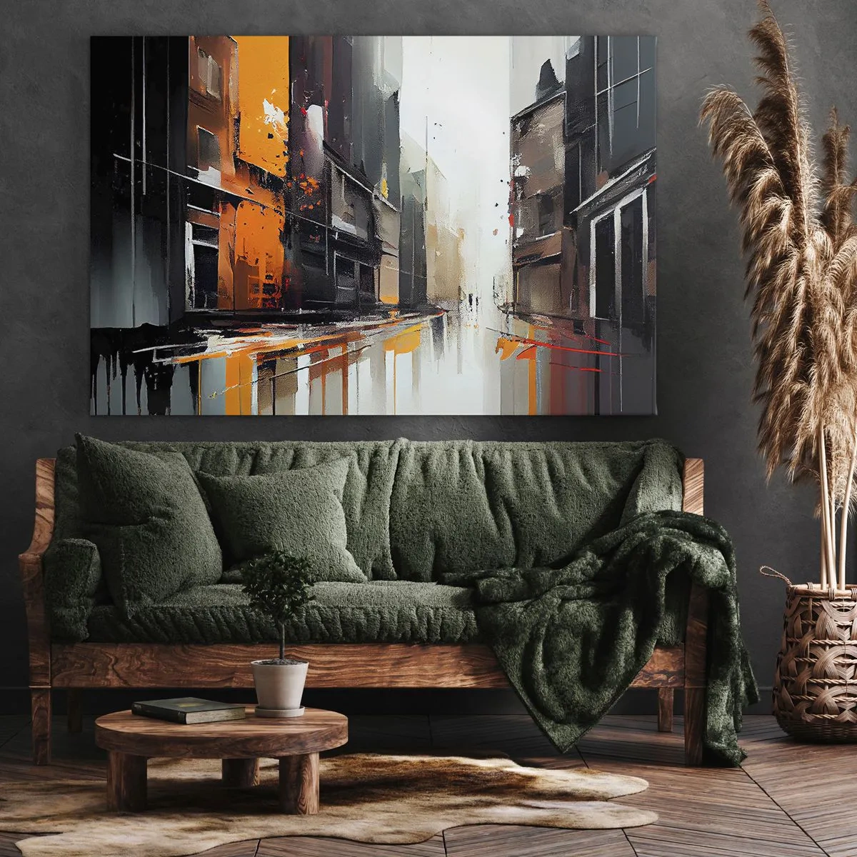Cuadro sobre lienzo - Impresión de Imagen - Vista abstracta de una calle de la ciudad bajo la lluvia - 70x50cm - Día lluvioso - Decoración de pared moderna para salón y dormitorio ARTTOR