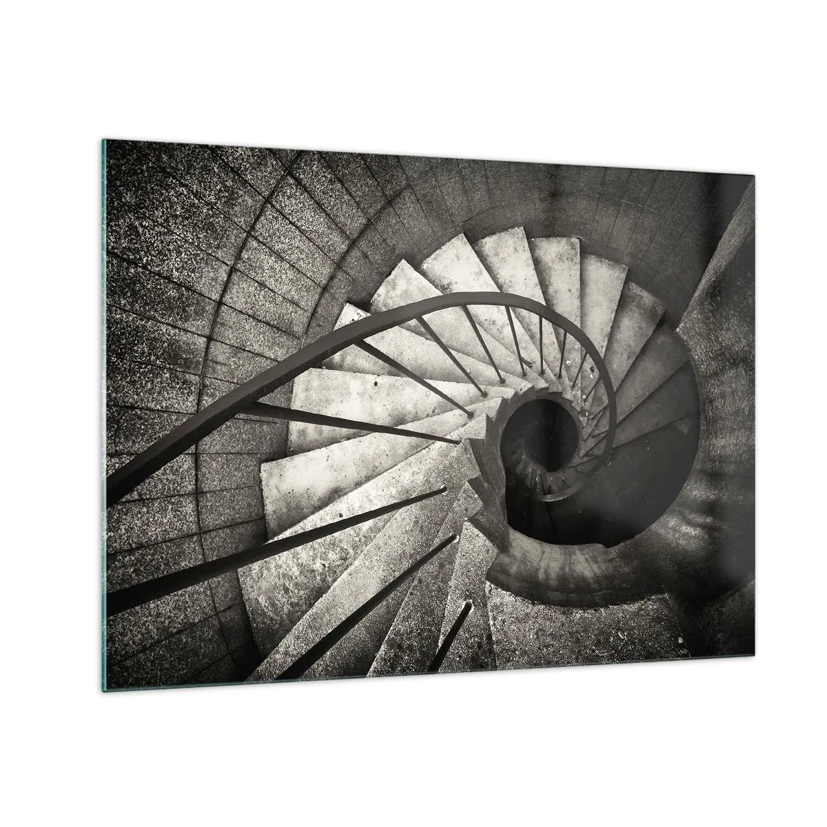 Cuadro sobre vidrio - Impresiones sobre Vidrio - Una escalera de caracol en blanco y negro vista desde una vista de pájaro - 70x50cm - Escaleras arriba, escaleras abajo - Decoración de pared moderna para salón y dormitorio ARTTOR