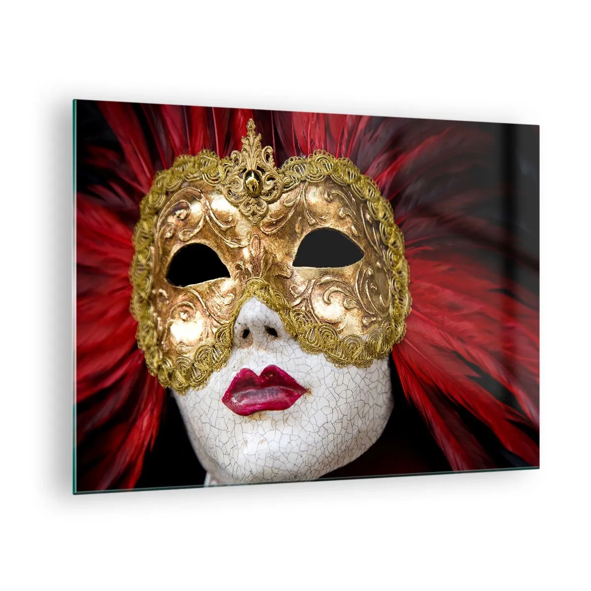 Cuadro sobre vidrio - Impresiones sobre Vidrio - Máscara de carnaval dorada con plumas rojas. - 70x50cm - Promesa de aventura carnavalesca - Decoración de pared moderna para salón y dormitorio ARTTOR