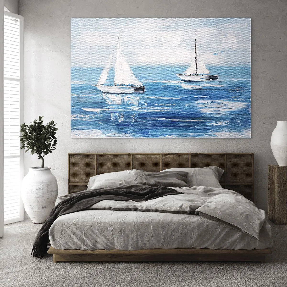 Cuadro sobre vidrio - Impresiones sobre Vidrio - Dos veleros blancos en un mar azul tranquilo - 70x50cm - Con un amigo a tu lado - Decoración de pared moderna para salón y dormitorio ARTTOR