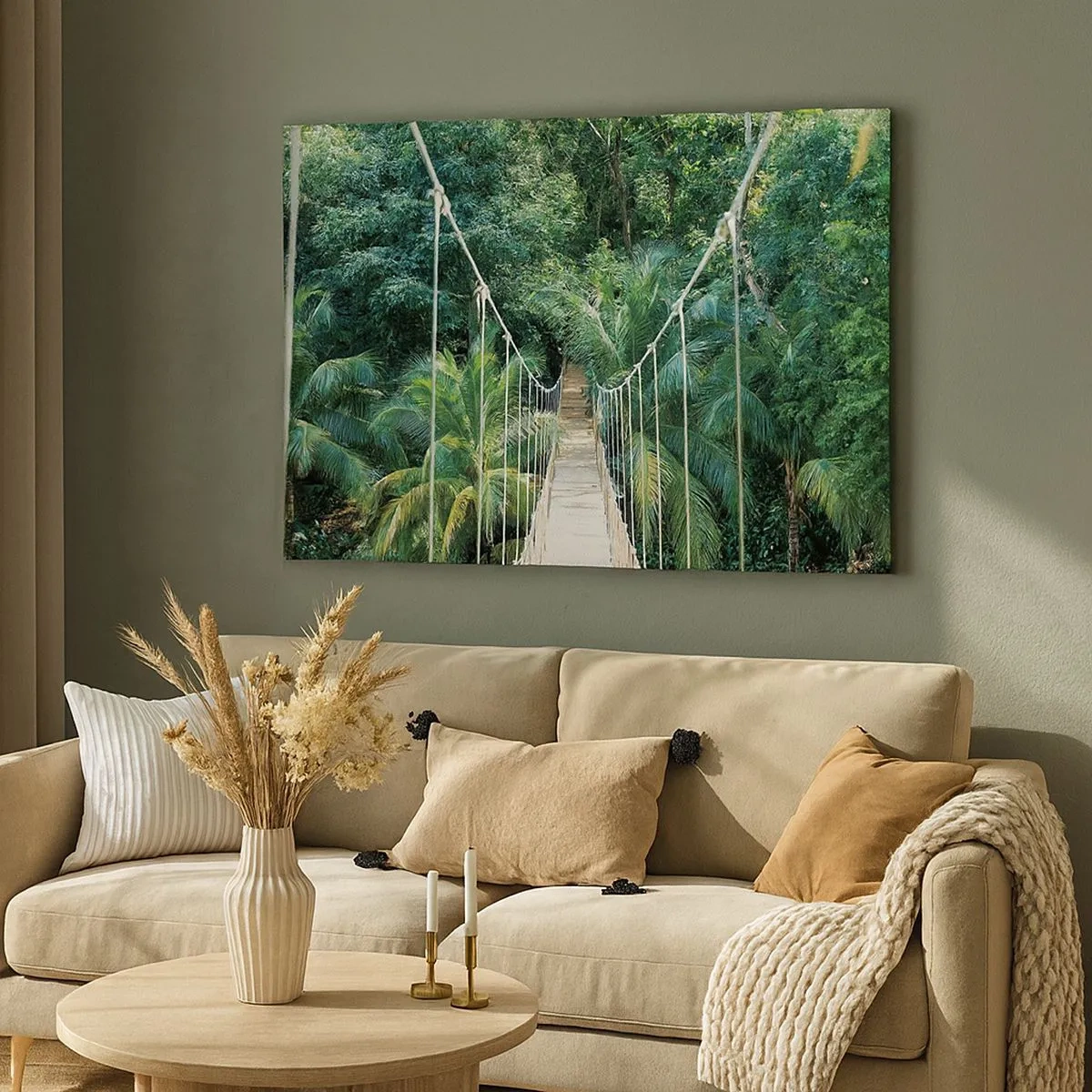 Cuadro sobre lienzo - Impresión de Imagen - Un puente colgante en una selva tropical llena de vegetación. - 70x50cm - ¡Bienvenido a la selva! - Decoración de pared moderna para salón y dormitorio ARTTOR