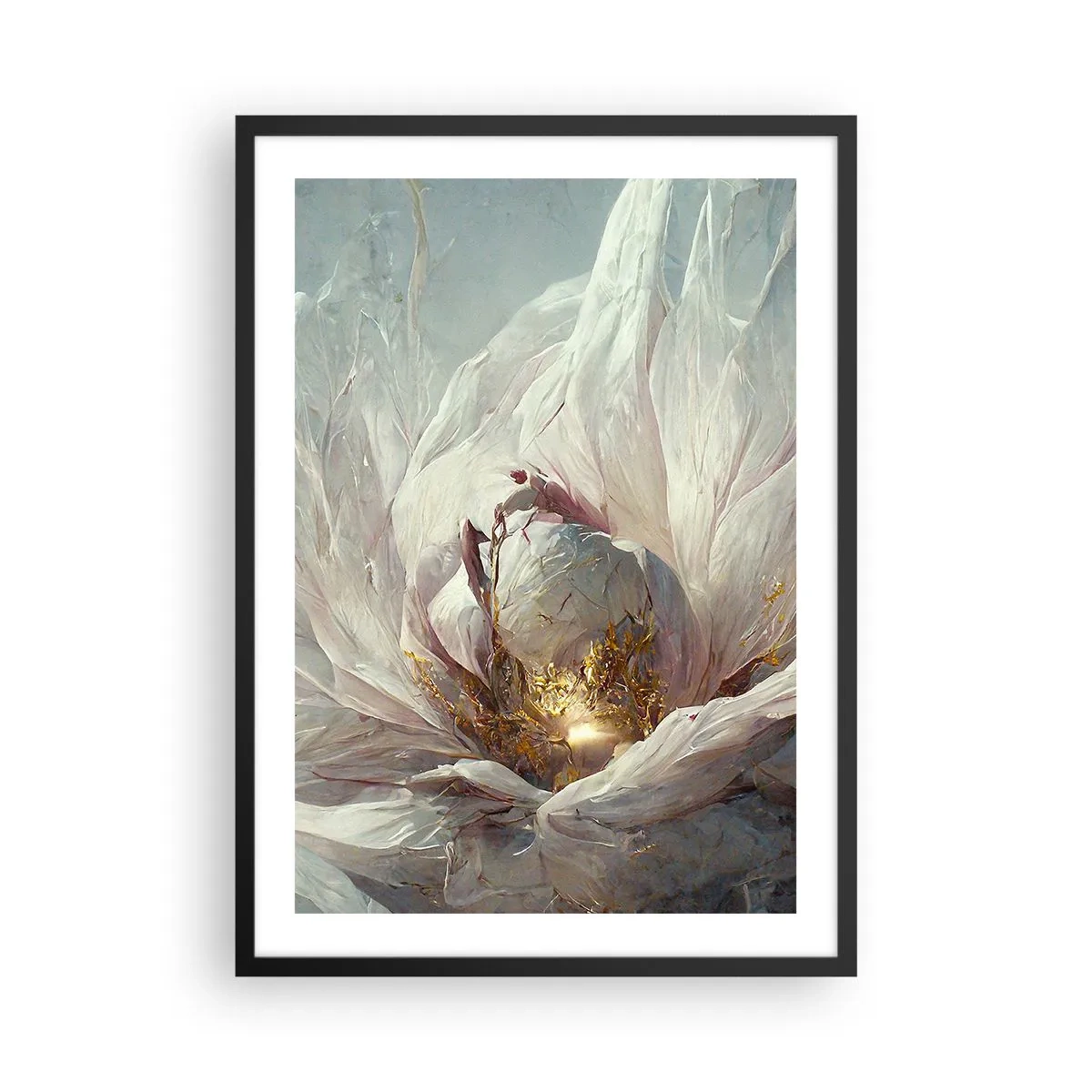 Póster en marco negro - Una abstracción sutil con motivo floral en delicados tonos blanco y dorado. - 50x70cm - Florece una vez cada cien años - Decoración de pared moderna para salón y dormitorio ARTTOR
